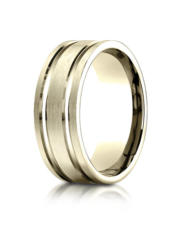 Benchmark 14K Yellow Gold 8mm Comfort-Fit Satin-Finished w/  Parallel Grooves Carved Design Wedding Band