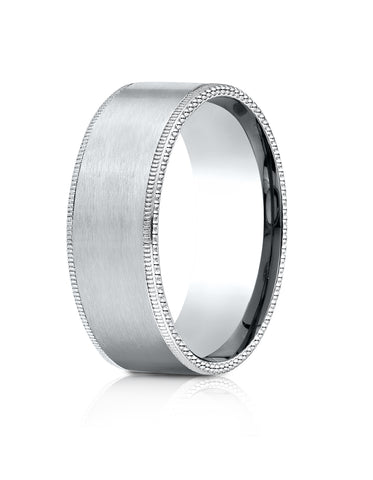 Benchmark 18k White Gold 8mm Comfort-Fit Riveted Edge Satin Finish Design Band, (Sizes 4-15)