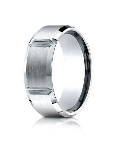 Benchmark 10K White Gold 8mm Comfort-Fit Satin-Finished Grooves Carved Design Wedding Band Ring