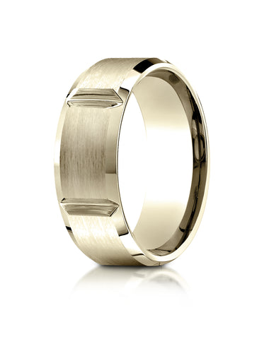 Benchmark 14K Yellow Gold 8mm Comfort-Fit Satin-Finished Grooves Carved Design Wedding Band Ring