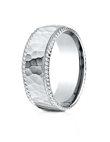 Benchmark 14k White Gold 8mm Comfort-Fit Rope Edge Hammered Finish Design Band, (Sizes 4-15)
