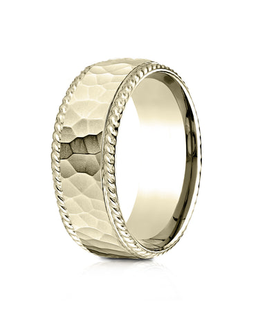 Benchmark 10k Yellow Gold 8mm Comfort-Fit Rope Edge Hammered Finish Design Band, (Sizes 4-15)