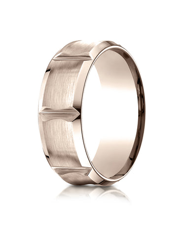Benchmark 14K Rose Gold 8mm Comfort-Fit Beveled Edge Concave with Horizontal Cuts Carved Design Ring
