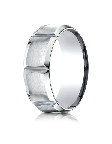 Benchmark 18K White Gold 8mm Comfort-Fit Beveled Edge Concave with Horizontal Cuts Carved Design Ring