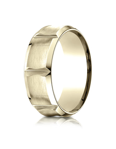 Benchmark 14K Yellow Gold 8mm Comfort-Fit Beveled Edge Concave with Horizontal Cuts Carved Design Ring