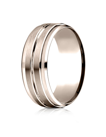 Benchmark 14k Rose Gold 8mm Comfort-Fit Drop Bevel Satin Center Cut Design Band, (Sizes 4-15)