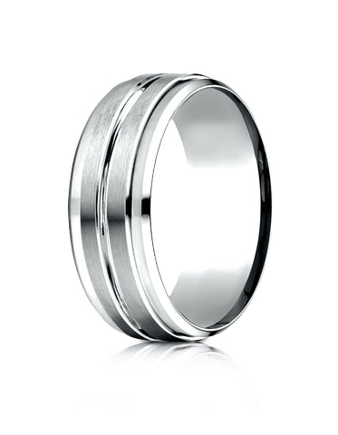 Benchmark Palladium 8mm Comfort-Fit Drop Bevel Satin Center Cut Design Band, (Sizes 4-15)