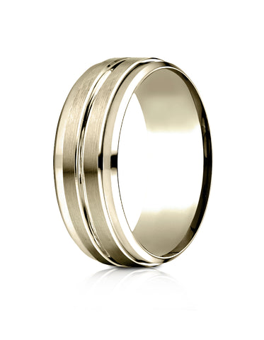 Benchmark 10k Yellow Gold 8mm Comfort-Fit Drop Bevel Satin Center Cut Design Band, (Sizes 4-15)
