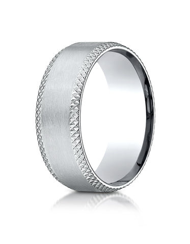 Benchmark Palladium 8mm Comfort-Fit Satin-Finished Cross Hatched Beveled Edge Carved Design Wedding Band