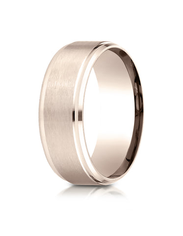 Benchmark 14k Rose Gold 8mm Comfort-Fit Satin-Finished Drop Beveled Edge Carved Design Band (Sizes 4-15)