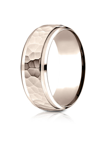 Benchmark 14k Rose Gold 8mm Comfort-Fit Drop Bevel Hammered Finish Design Band, (Sizes 4-15)