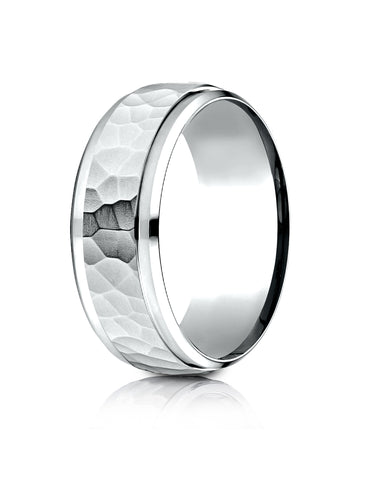 Benchmark 14k White Gold 8mm Comfort-Fit Drop Bevel Hammered Finish Design Band, (Sizes 4-15)