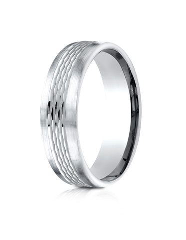 Benchmark 14k White Gold 6.5mm Comfort-Fit Mesh Center Satin Finish Edge Design Band, (Sizes 4-14)