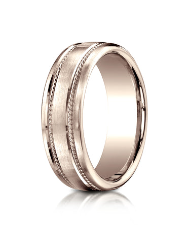 Benchmark 14K Rose Gold 7.5mm Comfort-Fit Satin-Finished Rope Carved Design Wedding Band Ring