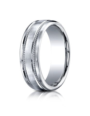 Benchmark 18k White Gold 7.5mm Comfort-Fit Satin-Finished Rope Carved Design Wedding Band Ring