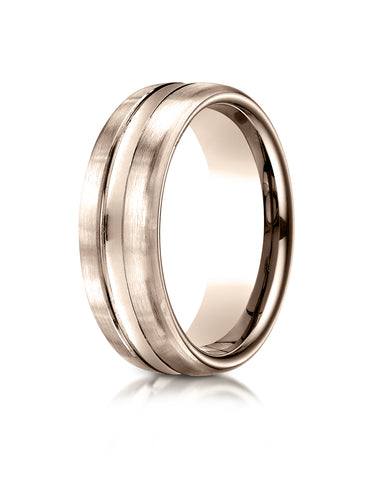 Benchmark 14K Rose Gold 7.5mm Comfort-Fit with High Polished Center Cut Carved Design Wedding Band Ring