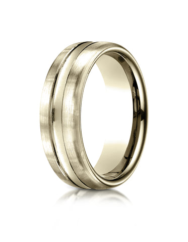 Benchmark 18K Yellow Gold 7.5mm Comfort-Fit Satin-Finished High Polished Center Cut Carved Design Ring