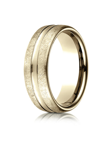Benchmark 14K Yellow Gold 7.5mm Comfort-Fit Swirled Finish Center Convex Cut Design Wedding Band Ring