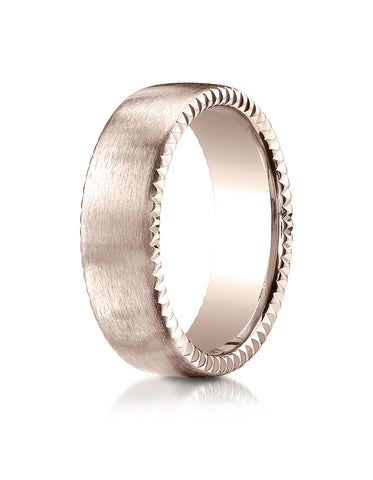 Benchmark 14K Rose Gold 7.5mm Comfort-Fit Satin-Finished Rivet Coin Edging Carved Design Wedding Band