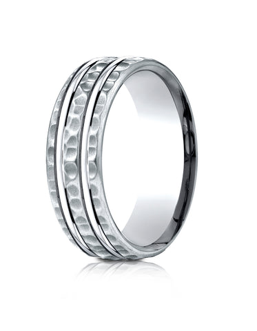 Benchmark 14k White Gold 7.5mm Comfort-Fit Hammered Finish Double High Polish Cut Design Band, (4-14)