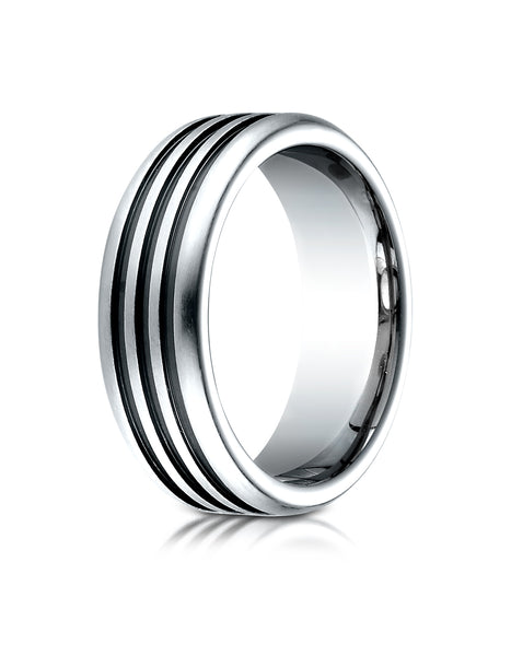 Benchmark Cobaltchrome 7.5mm Comfort-Fit 3 Black Channel Design Wedding Band Ring, (Sizes 6 - 14)