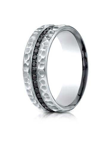Benchmark 18K White Gold 7.5mm Hammered Finish Pave-set Black Diamond Eternity Comfort-Fit Band (0.72ct)