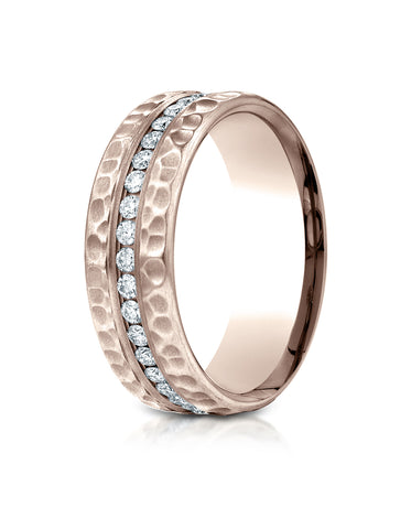 Benchmark 14K Rose Gold 7.5mm Hammered Finish Pave-set Diamond Comfort-Fit Wedding Band Ring (0.4 ct.)