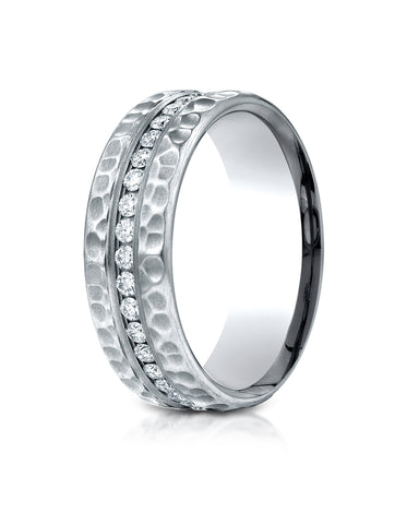 Benchmark 14K White Gold 7.5mm Hammered Finish Pave-set Diamond Comfort-Fit Wedding Band Ring (0.4 ct.)