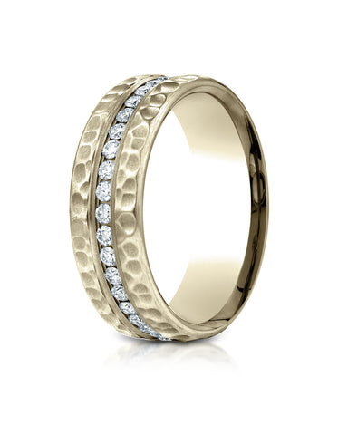 Benchmark 18K Yellow Gold 7.5mm Hammered Finish Pave-set Diamond Comfort-Fit Wedding Band Ring (0.4 ct.)