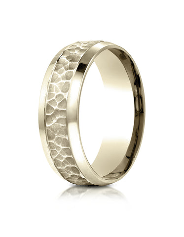 Benchmark 18K Yellow Gold 7.5mm Comfort-Fit Hammered Finish Beveled Edge Design Wedding Band Ring