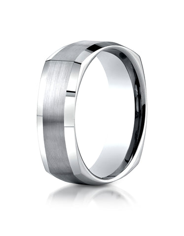 Benchmark 14K White Gold 7mm Comfort-Fit Satin-Finished Four-Sided Carved Design Wedding Band Ring