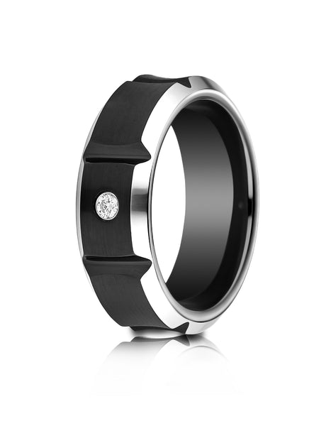Benchmark Blackened Cobaltchrome 8mm Comfort-Fit Beveled Edge Concave Satin Center Diamond Ring (0.06Ct)