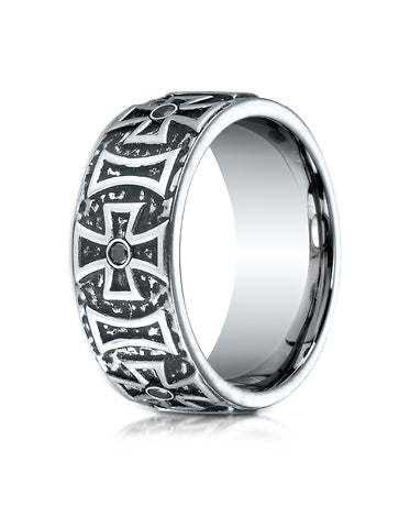 Benchmark Cobaltchrome 9mm Comfort-Fit 6-Stone Black Diamond Maltese Cross Design Wedding Band (0.33 ct)
