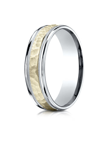 Benchmark 14K Two-Toned Gold 6mm Comfort-Fit Hammered-Finished with Milgrain Carved Design Wedding Band