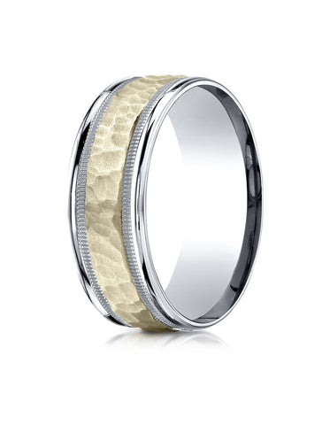 Benchmark 14K Two-Toned Gold 8mm Comfort-Fit Hammered-Finished with Milgrain Carved Design Wedding Band