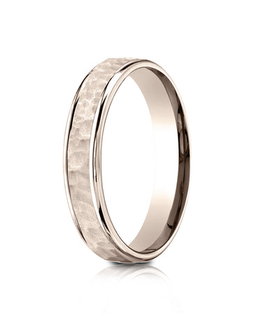 Benchmark 14k Rose Gold Comfort Fit 4mm High Polish Edge Hammered Center Design Band, (Size 6-13)