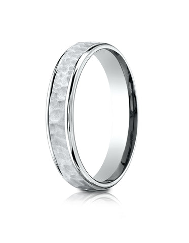 Benchmark 14k White Gold Comfort Fit 4mm High Polish Edge Hammered Center Design Band, (Size 6-13)