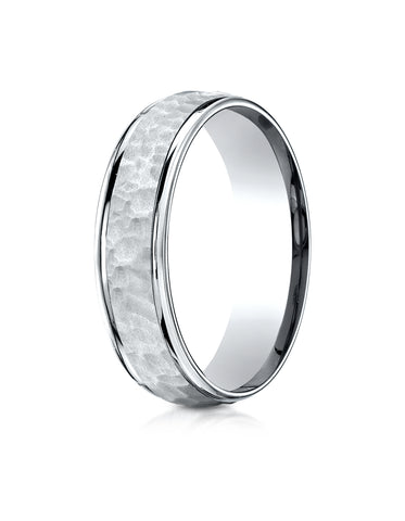 Benchmark 10k White Gold Comfort-Fit 6mm High Polish Edge Hammered Center Design Band, (Sizes 6-13)