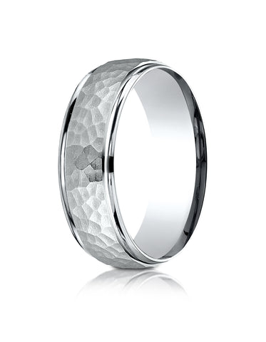 Benchmark Platinum Comfort-Fit 7mm High Polish Edge Hammered Center Design Band, (Sizes 6-13)