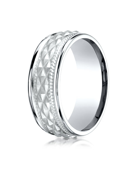 Benchmark 14K White Gold 8mm Comfort-Fit Round Edge Cross Hatch Patterned Wedding Band Ring
