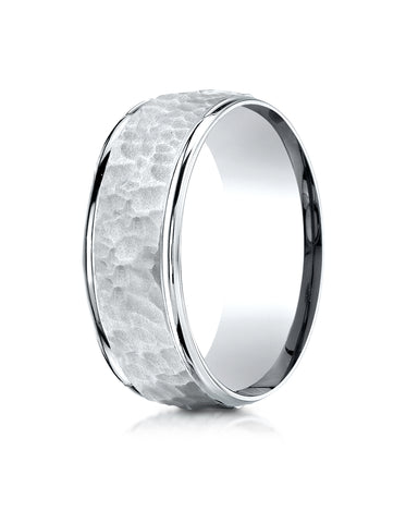Benchmark 10k White Gold Comfort-Fit 8mm High Polish Edge Hammered Center Design Band, (Sizes 6-13)