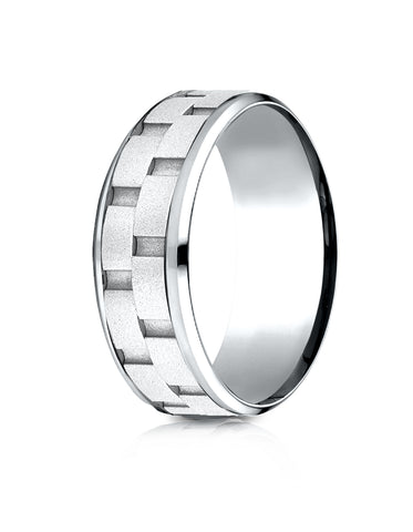 Benchmark 14k White Gold 8mm Comfort-Fit Drop Bevel Sandblasted Satin Finish Chain Link Design Band (6-13)