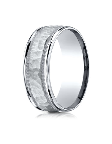 Benchmark 10k White Gold 8mm Comfort-Fit Hammered Center High Polish Round Edge Carved Design Band ( 6-13)