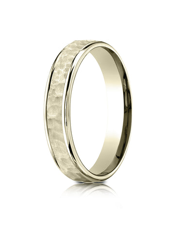 Benchmark 14k Yellow Gold Comfort Fit 4mm High Polish Edge Hammered Center Design Band, (Size 6-13)