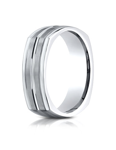 Benchmark 14K White Gold 7mm Comfort-Fit Satin-Finished Center Cut Four-Sided Carved Design Wedding Band
