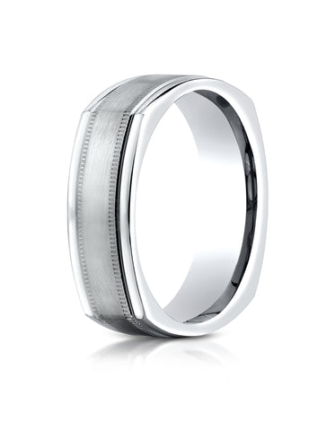Benchmark 14K White Gold 7mm Comfort-Fit with Milgrain Four-Sided Carved Design Wedding Band Ring