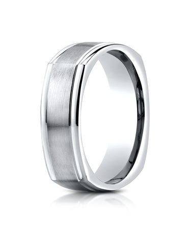 Benchmark 14K White Gold 7mm Comfort-Fit Satin-Finished Four-Sided Carved Design Wedding Band Ring