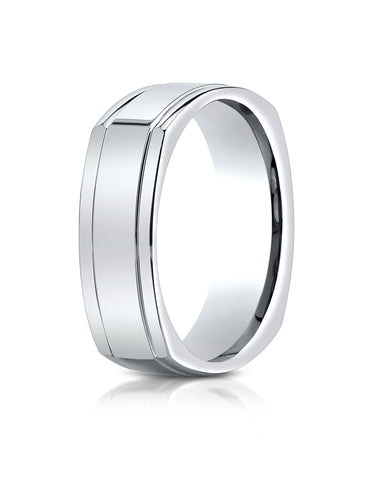 Benchmark 14K White Gold 7mm Comfort-Fit High Polished Four-Sided Carved Design Wedding Band Ring