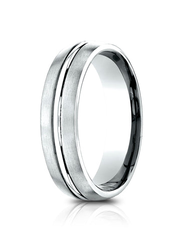 Benchmark 14k White Gold 6.5mm Comfort-Fit Satin-Finished with, Polished Center Cut Carved Design Band