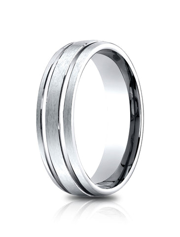 Benchmark 14K White Gold 6.5mm Comfort-Fit Satin-Finished with Parallel Grooves Carved Design Band